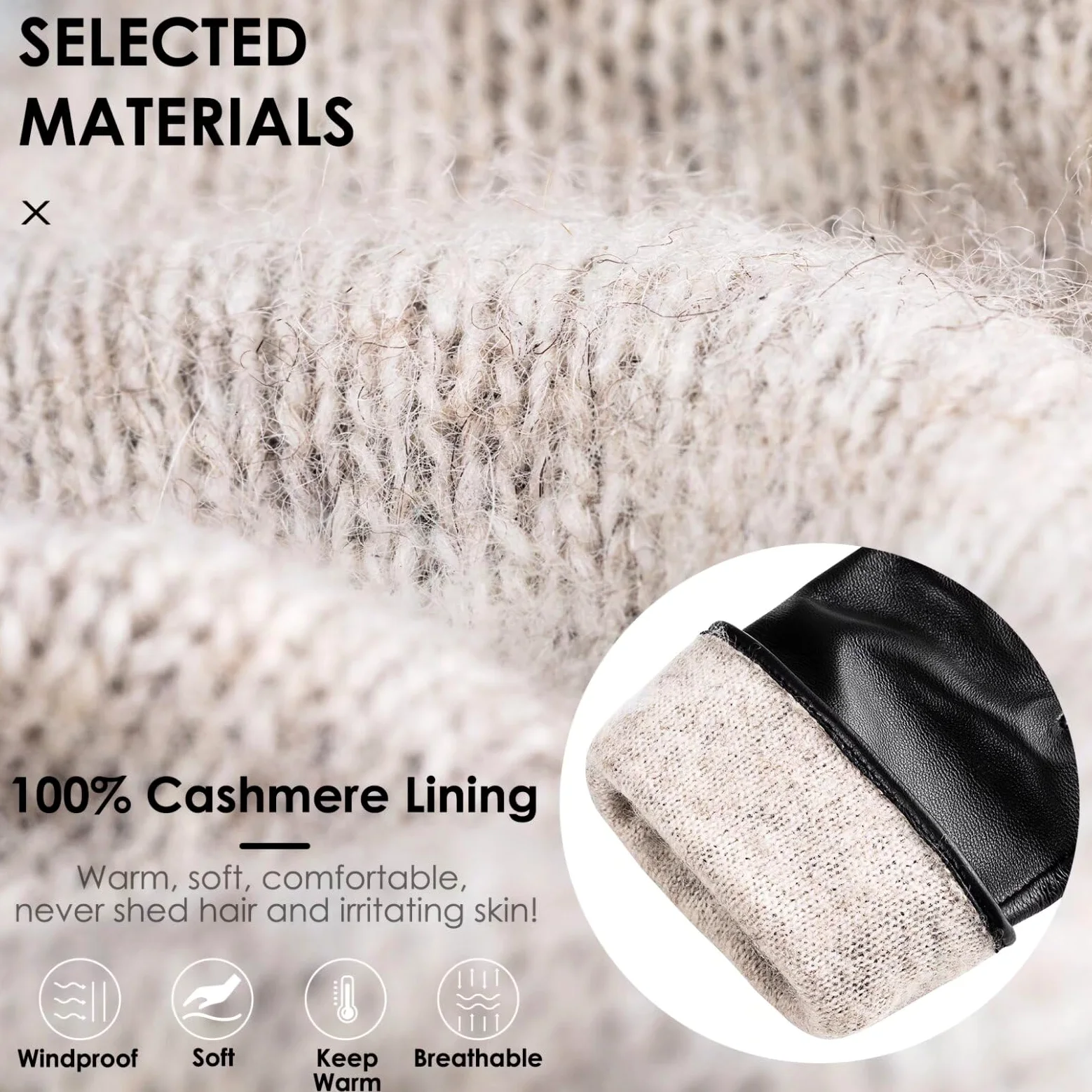 Guantes de piel de oveja de invierno para mujer, moda para conducir, pantalla táctil, con forro térmico de cachemira, Negro, Large