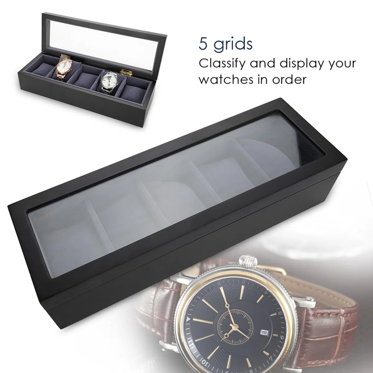 YUYTE Caja de Relojes, 5 Grids Caja de Almacenamiento de Relojes, Estuche de Joyeria para Organizadora y Exhibición(Negro)