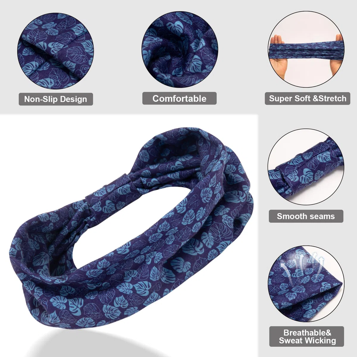 Cobahom 6 diademas anchas para mujer, antideslizantes, de tela suave, turbante, lisas, elásticas, deportivas, para entrenamiento, yoga, correr (patrón de hojas)