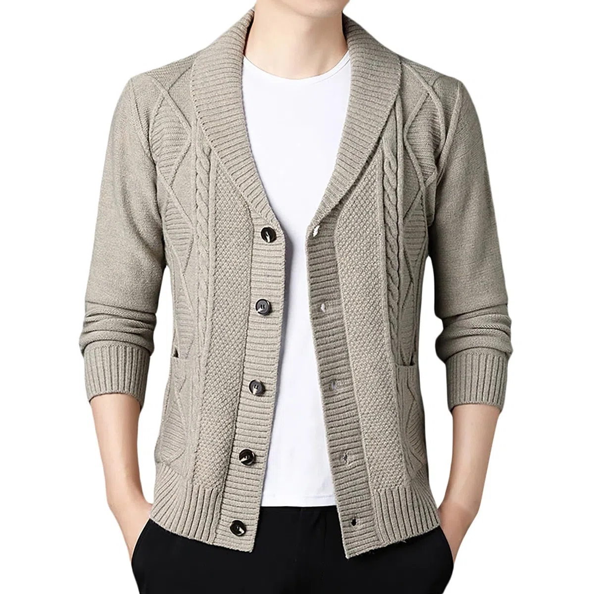 Cárdigan De Invierno para Hombre, Chaqueta De Punto Elegante Hombre con Cuello Chal Suéter Cuello V Punto Manga Larga Solapa Cuello Abrigo De Punto con Bolsillos para Otoño E Invierno