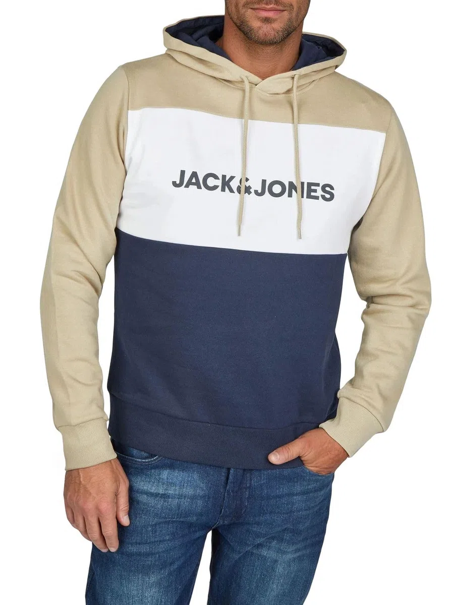 JACK & JONES JWHLOGO - Sudadera con capucha para hombre con estampado de bloqueo de bloqueo regular y talla grande, color verde, azul, beige, azul marino, S, M, L, XL, XXL, 3XL, 4XL, 5XL, 6XL, 7XL