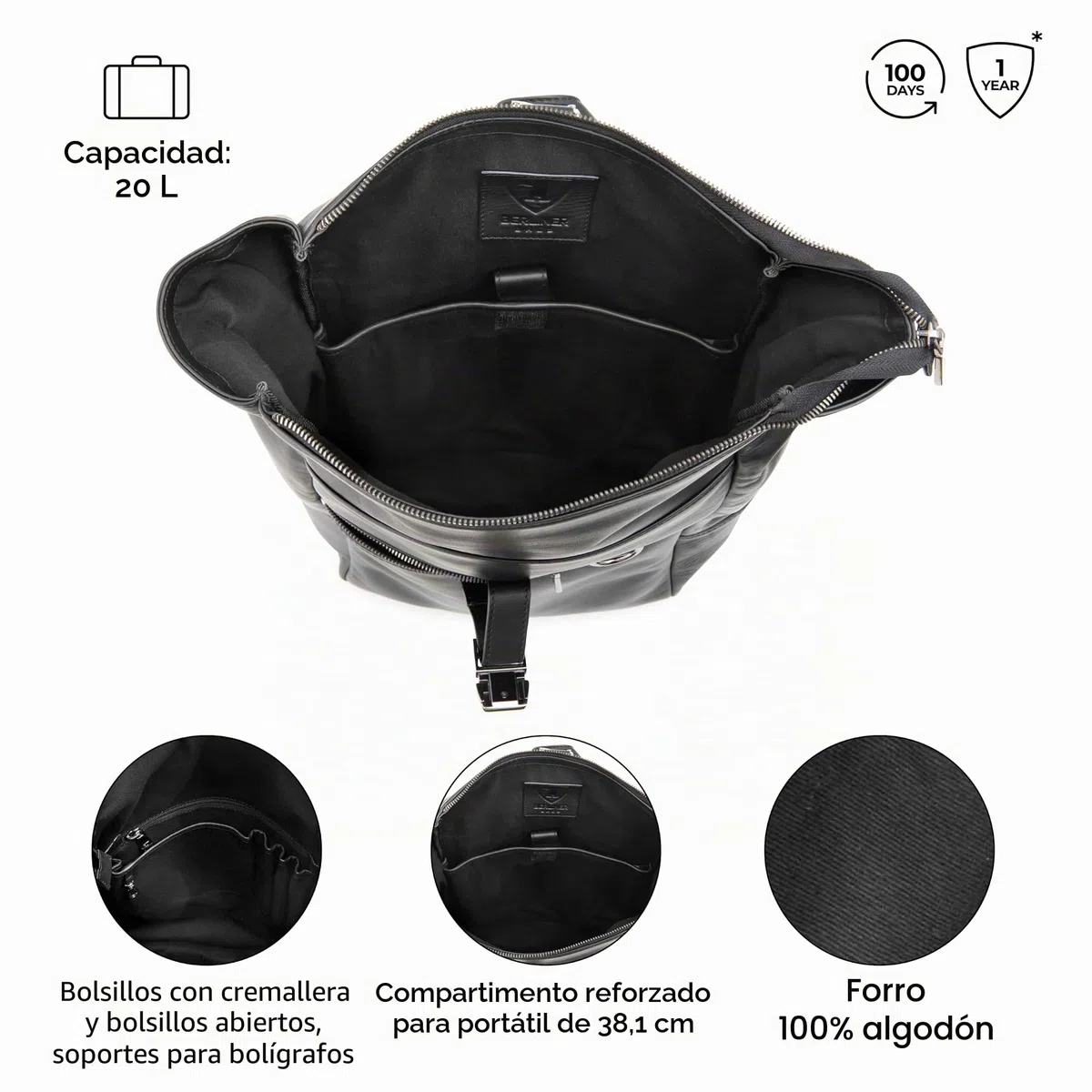 Berliner Bags Harlem Mochila de Piel Auténtica Impermeable con Diseño Rolltop y Funda para Portátil de 15”, Mochila Ejecutiva para Hombre y Mujer – Negro