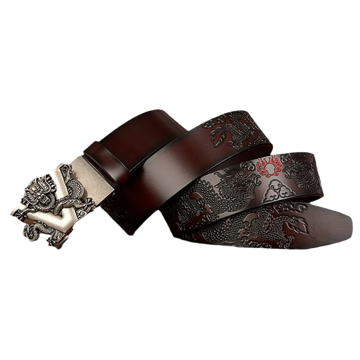 Cinturón, Trinquete de cuero genuino for hombre con hebilla automática deslizante 3D plateada, 1.38 "de ancho - ajustable(Coffee,115cm/waist:38"~40")