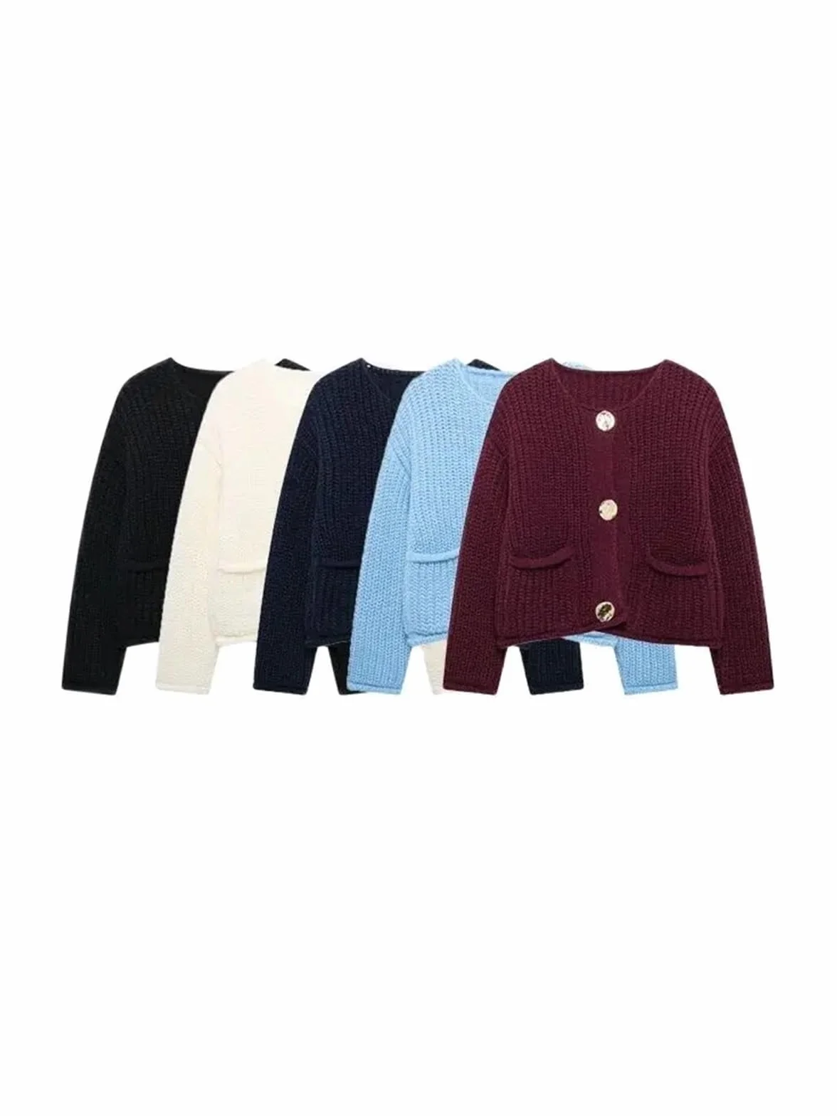 Cardigan Mujer Suéter de Punto Manga Larga for Mujer, Botones Dorados, Bolsillos Parche Delanteros, Cuello Redondo, Prenda Exterior Femenina