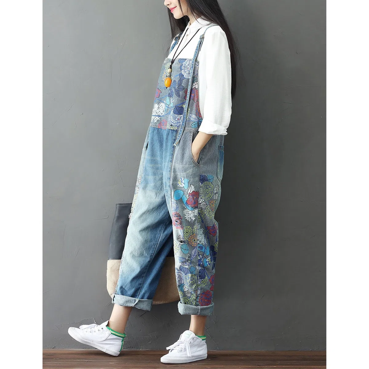 Peto informal de mujer con estampados, corte holgado, pierna recta, tirante ajustable, traje con tirantes, peto vaquero