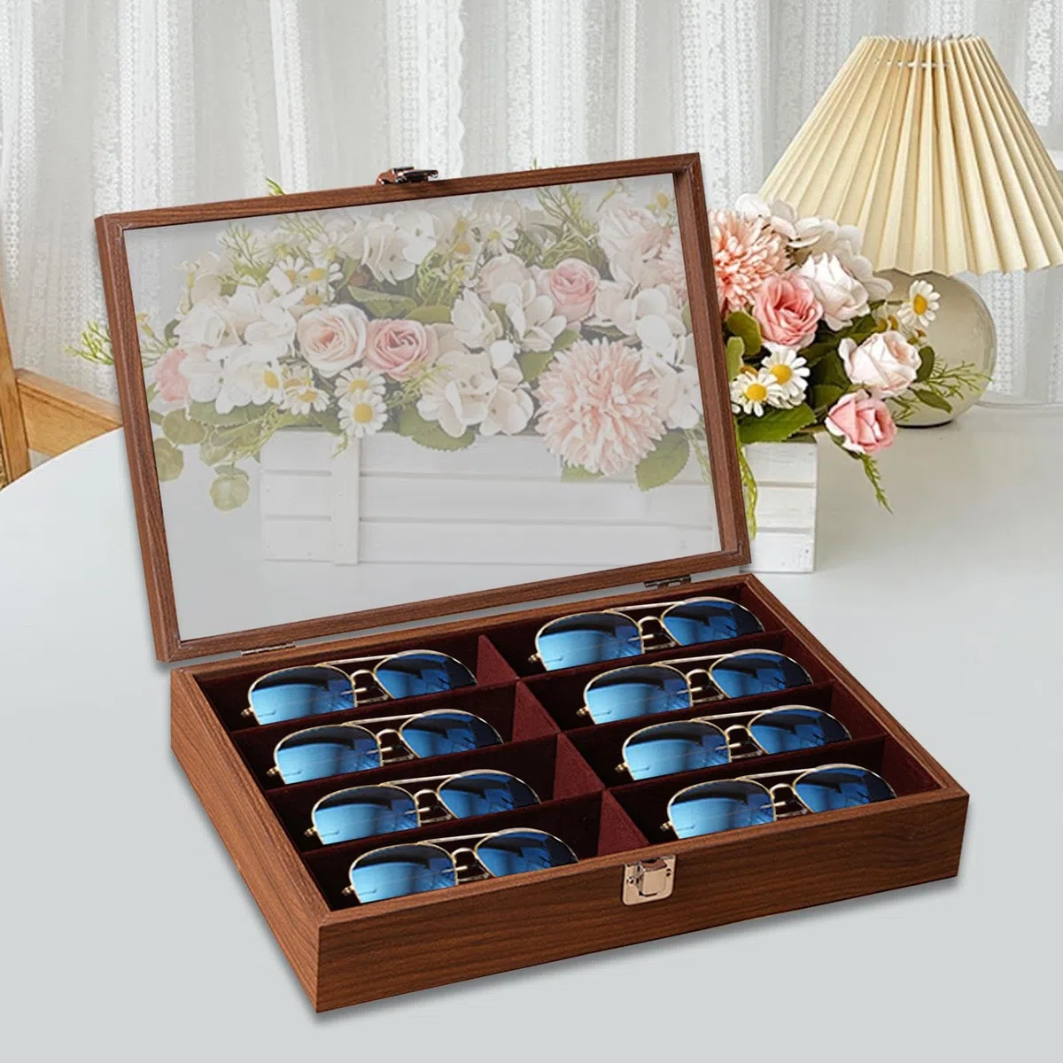 #N/A/a Organizador de Gafas Bandeja para Ordenar Lentes Caja de Exhibición de Madera 8 Espacios con Revestimiento Suave Adecuado para Organización en Casa Y, con Tapa de Nogal, universal
