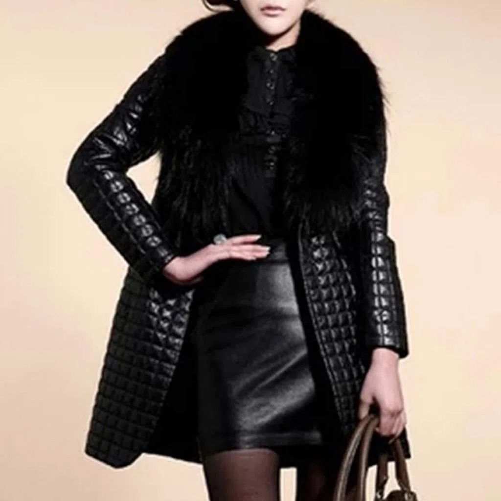 Chaqueta Mujer Invierno Abrigos De Cazadora Forro Polar，Chaqueta larga sintética imitación cuero para mujer abrigo invierno manga larga prenda exterior elegante femenina ropa temporada fría chaqueta
