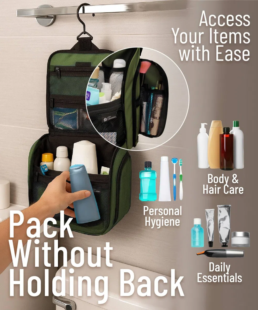 D&D - Neceser colgante de viaje para hombres y mujeres, kit organizador de cosméticos, maquillaje y artículos de tocador con 10 compartimentos, gancho giratorio de metal XXL, nailon resistente al agua
