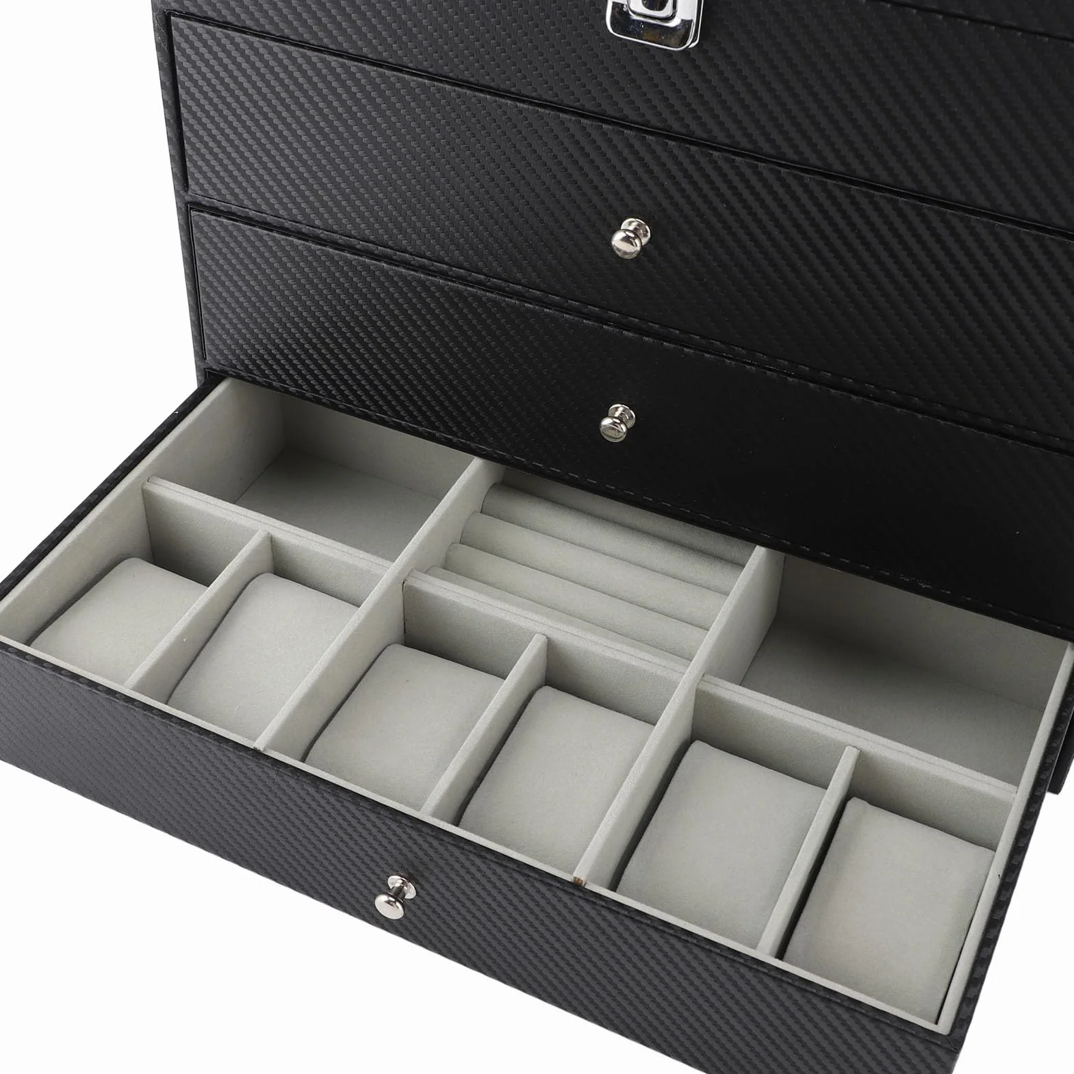 Pilipane Vitrina para gafas, organizador de gafas de sol, soporte para relojes, fibra de carbono PU, 4 niveles, 27 ranuras, forro de terciopelo gris, gran capacidad, para el hogar, tienda,