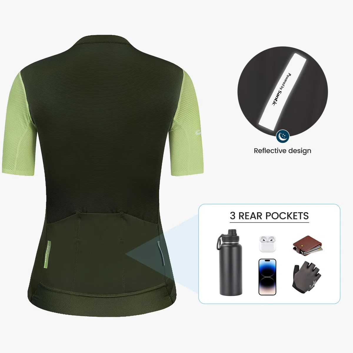 Santic Maillot de ciclismo para mujer, manga corta, con cremallera completa, UPF 50+, con bolsillos