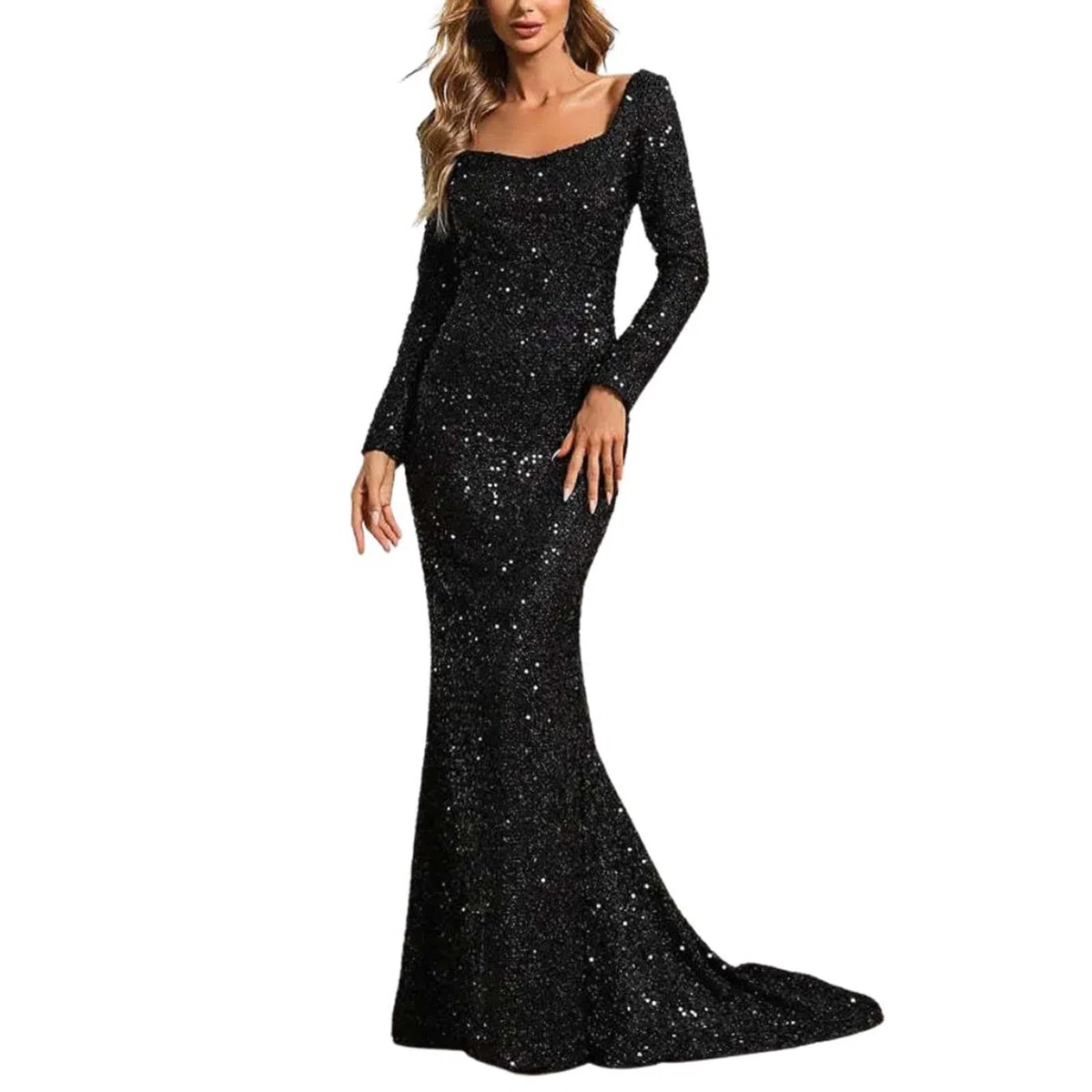 Vestido de Noche Elegante para Mujer con Detalles de Lentejuelas y Mangas Acampanadas para Eventos Formales y Bodas