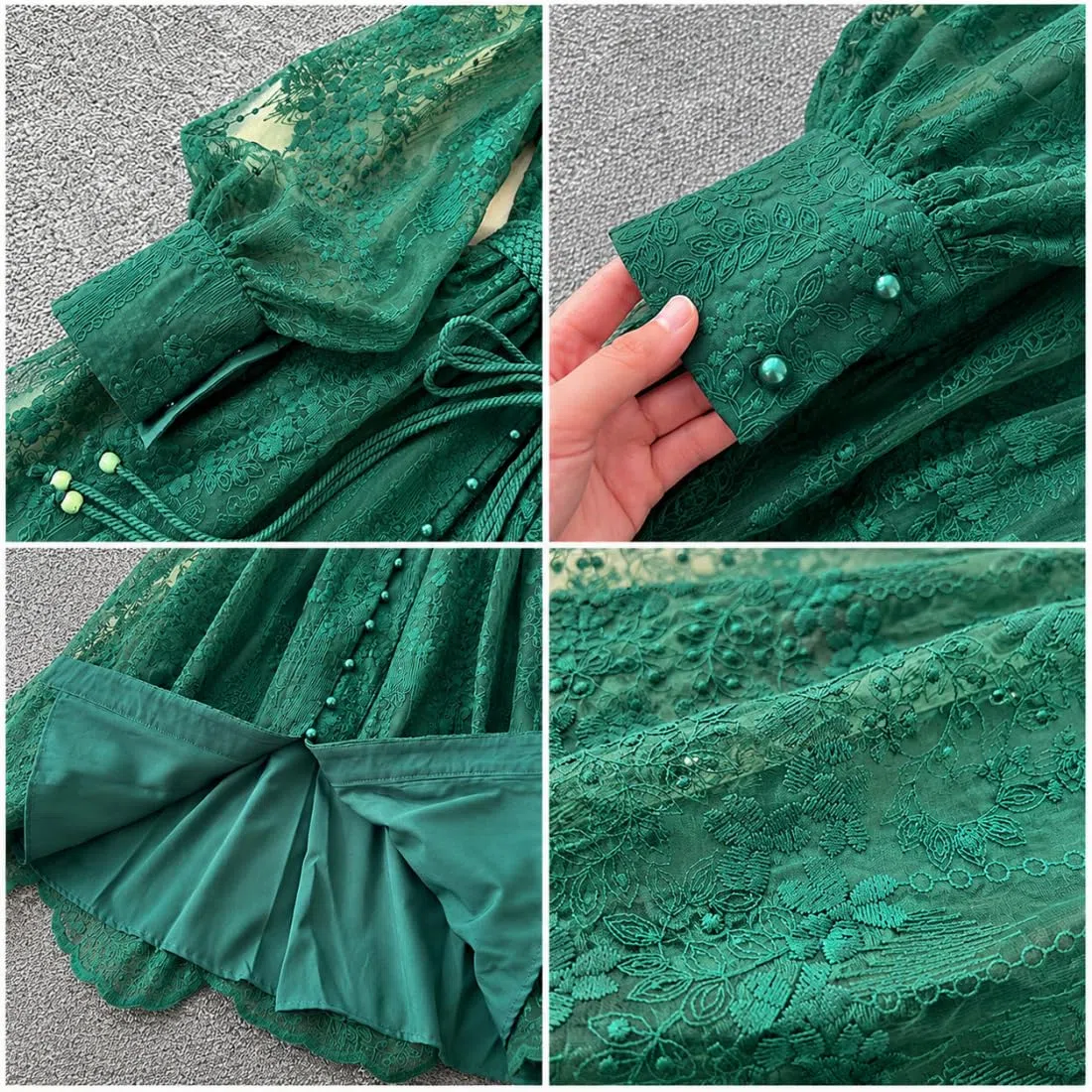 Vestido Largo de Mujer Escote en V Encaje Floral Bordado Vintage Mangas Farol Vestido Largo romántico Boho Mangas abullonadas línea A Fluido Vestido invitada Boda Fiesta