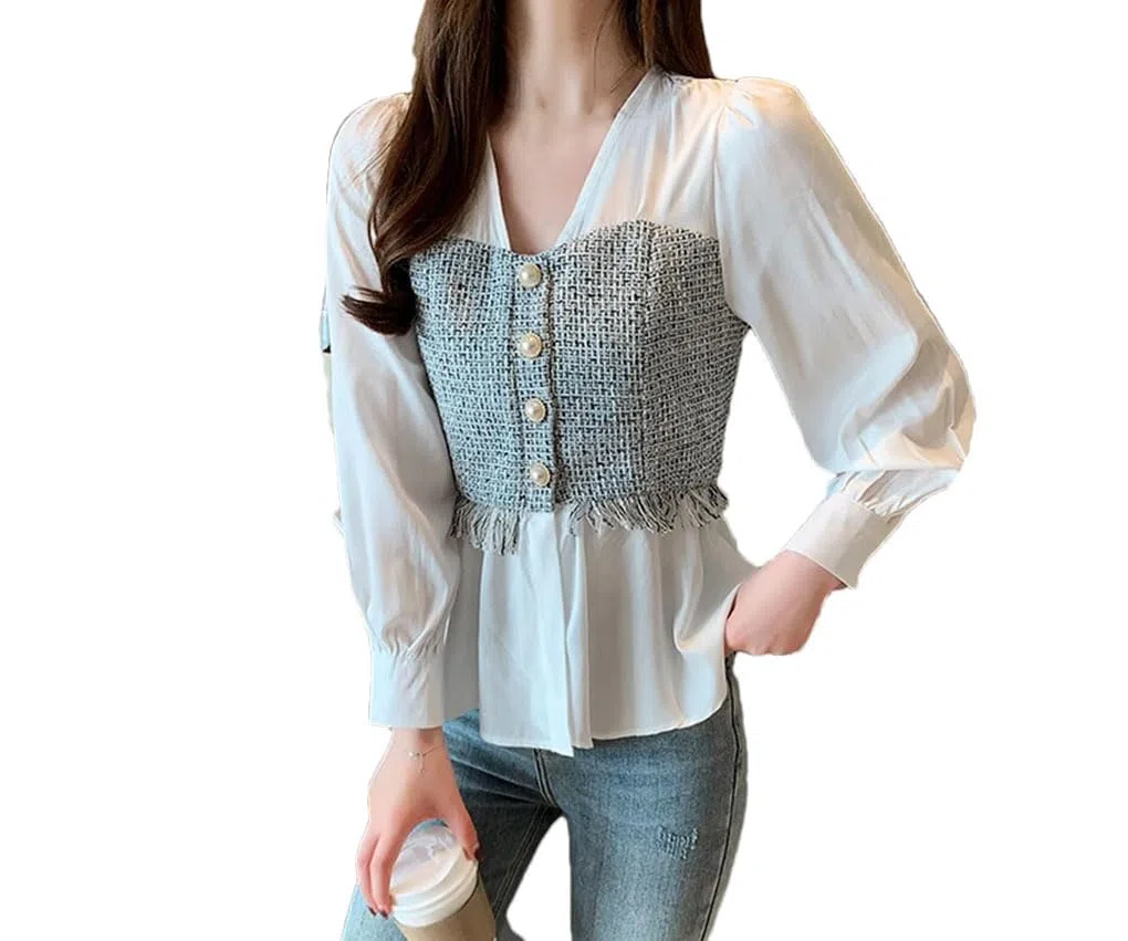 Blusa de chifón con cuello en V para mujer, manga larga, con botones, informal, de retazos, para oficina, trabajo