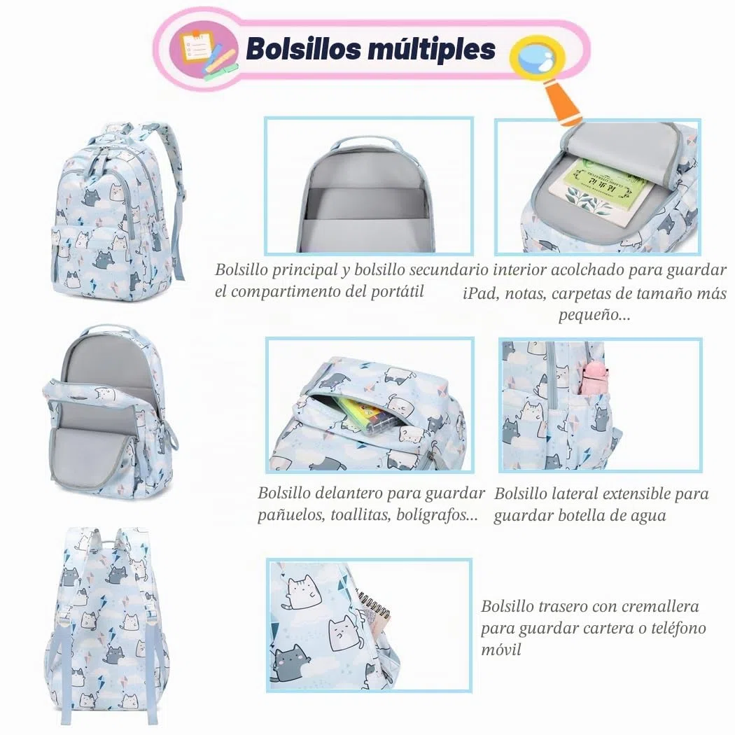 Mochilas para niñas con estampado de gatos o margaritas, mochilas escolares casuales resistentes al agua