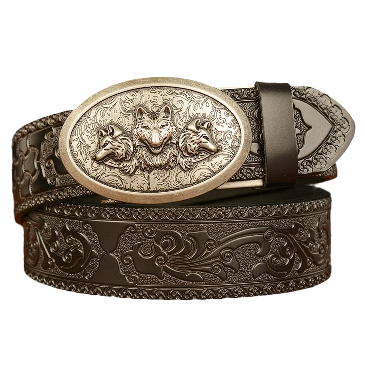 Cinturón De Vestir Cuero Con Trinquete, Hebilla Ovalada Plateada, Estilo Gótico Occidental, Deslizante Y Automático, For Hombre