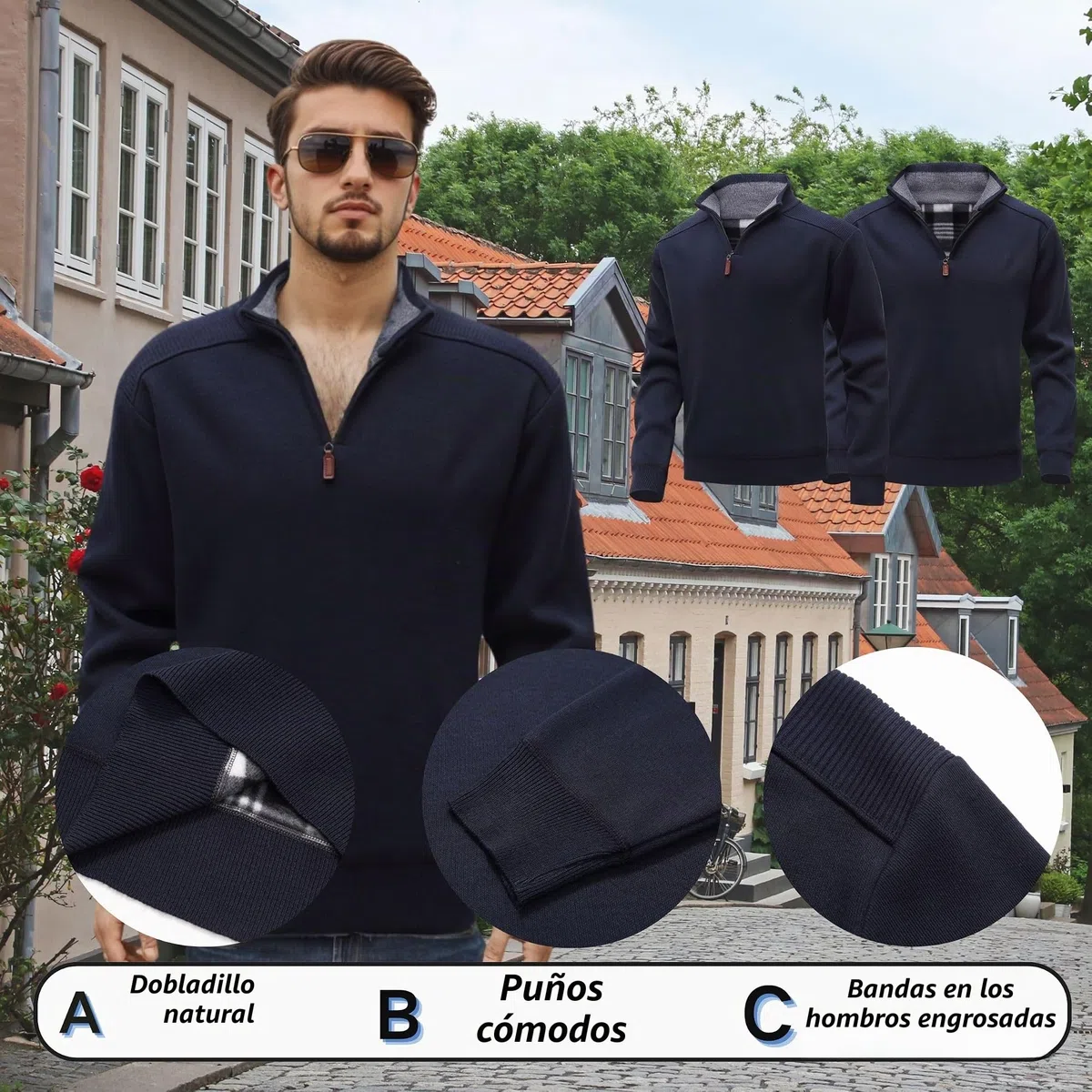 Jersey de Punto Sueter Hombre Manga Larga y Media Cremallera Otoño Invierno Jersei Clásico de Cuello Alto de Canalé Suéter de Punto