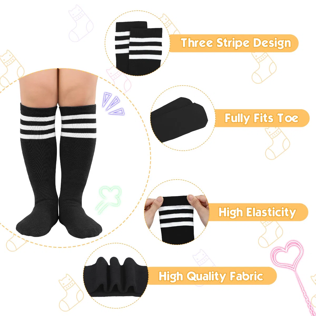 American Trends Calcetines deportivos hasta la rodilla para niños, calcetines de fútbol a rayas, calcetines de tubo para niños y niñas, 1 paquete, blanco y negro