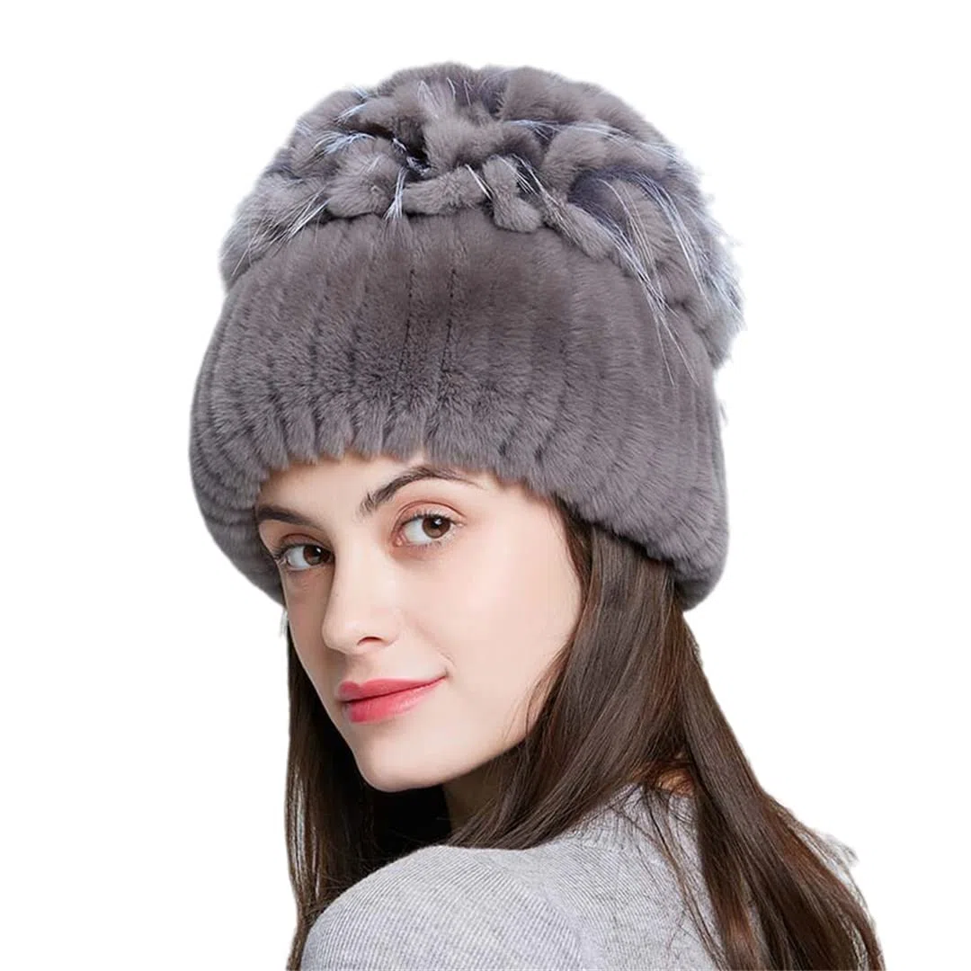 Sombreros de Piel de Mujer para Invierno Gorro de Piel de Conejo Natural Moda Femenina Gorros Gruesos y cálidos Gorros 107 52-58 Cm