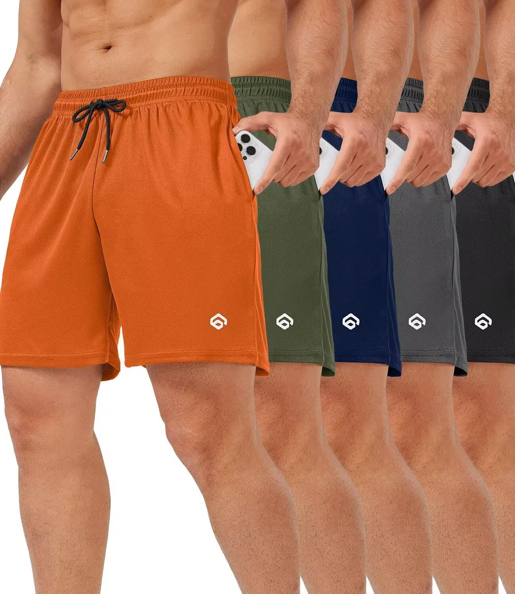 lomsoe Paquete de 5 pantalones cortos deportivos para hombre de 5 pulgadas, pantalones cortos de malla para correr para hombre, de secado rápido, ligeros, para gimnasio, con bolsillos, Negro, gris