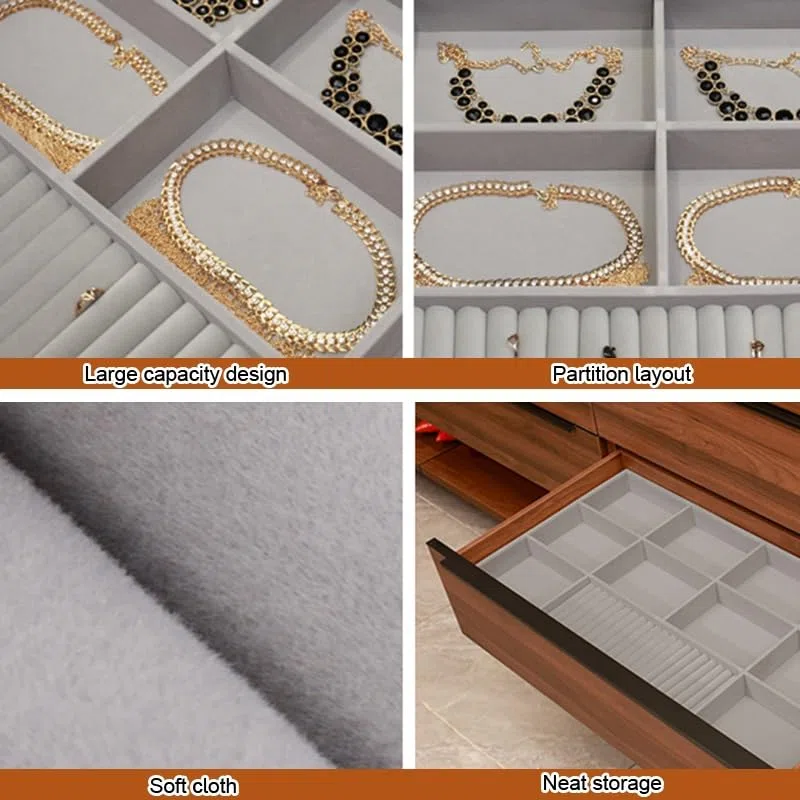 Organizador de joyas apilable para cajón, bandejas de almacenamiento de joyas grises, insertos de tocador para anillos, collares y accesorios (60 x 41 x 5,5 cm)