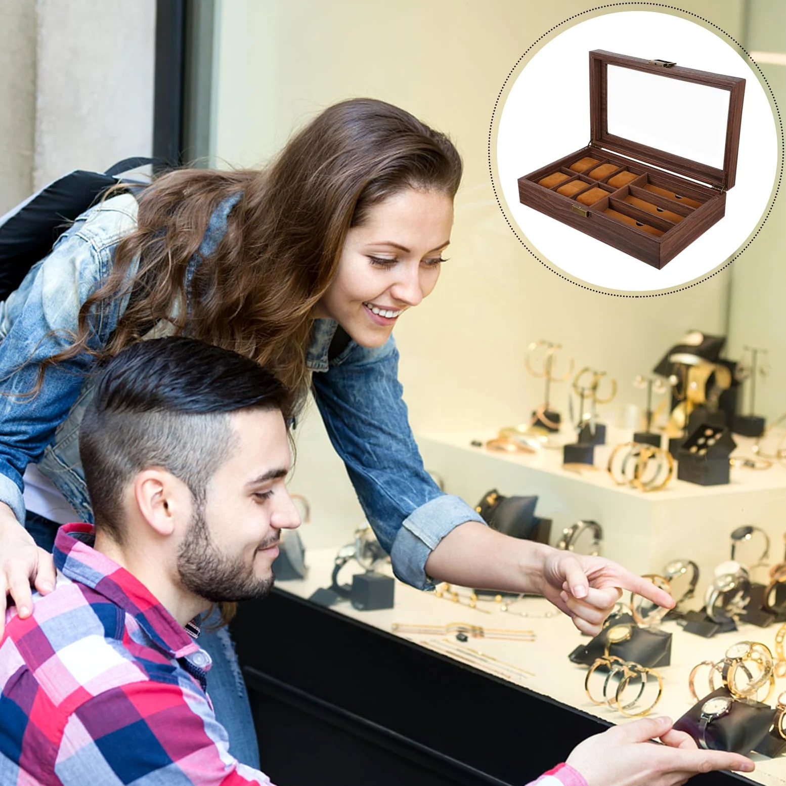 TOPBATHY Caja Organizador de Relojes y Gafas de Madera 6 Compartimentos para Relojes y 3 Ranuras para Gafas Estilo Retro para Colección y Exhibición