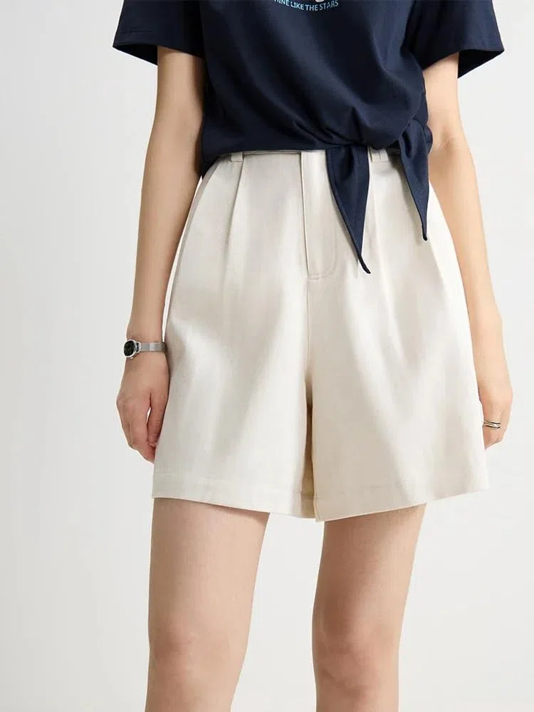 Pantalones cortos casuales de verano para mujer, cintura alta, elásticos, para la oficina, beige, L