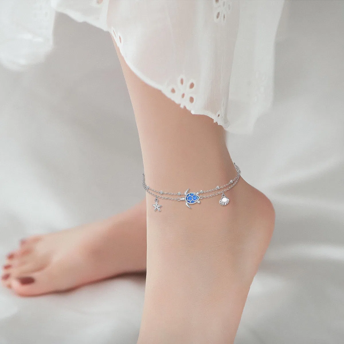 DAYLINLOVE Tobillera de tortuga de plata de ley 925 con estrella de mar, concha de mar, pulsera de tobillo ajustable para mujer, 9+2, Plata de ley, No es una piedra preciosa
