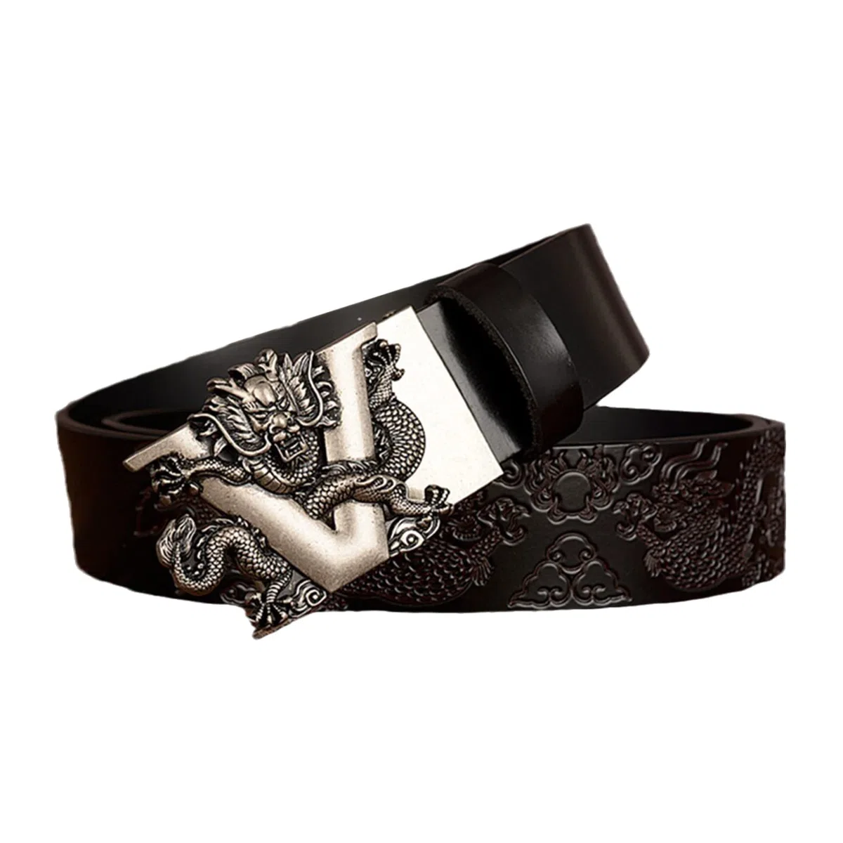 Cinturón, Trinquete de cuero genuino for hombre con hebilla automática deslizante 3D plateada, 1,38" (35 mm) de ancho - Hebilla ajustable (Color : Black, Size : 110cm/waist:36"~38")