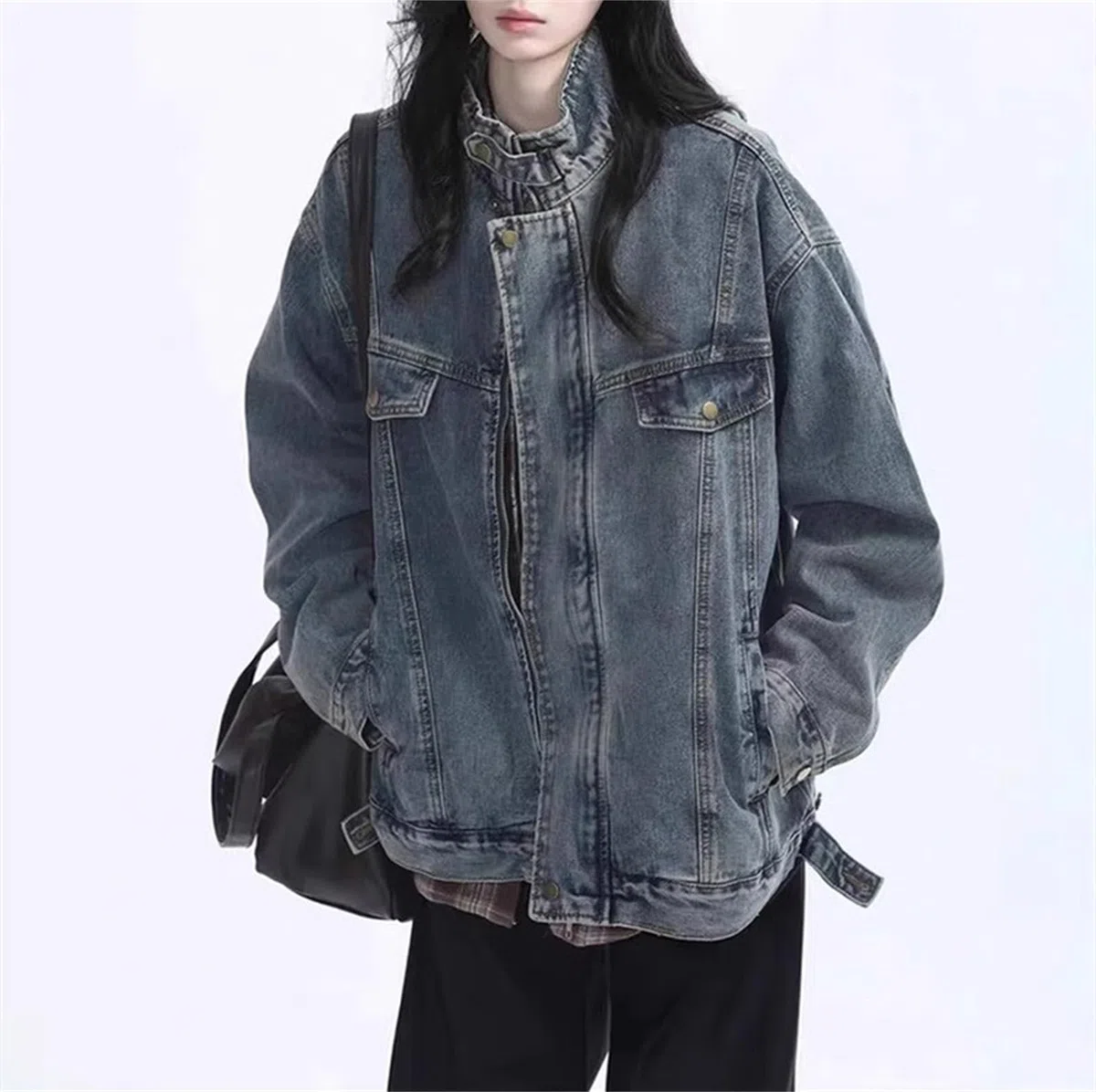 Chaqueta de mezclilla con cremallera para mujer, estilo vintage, estilo callejero, estilo camionero