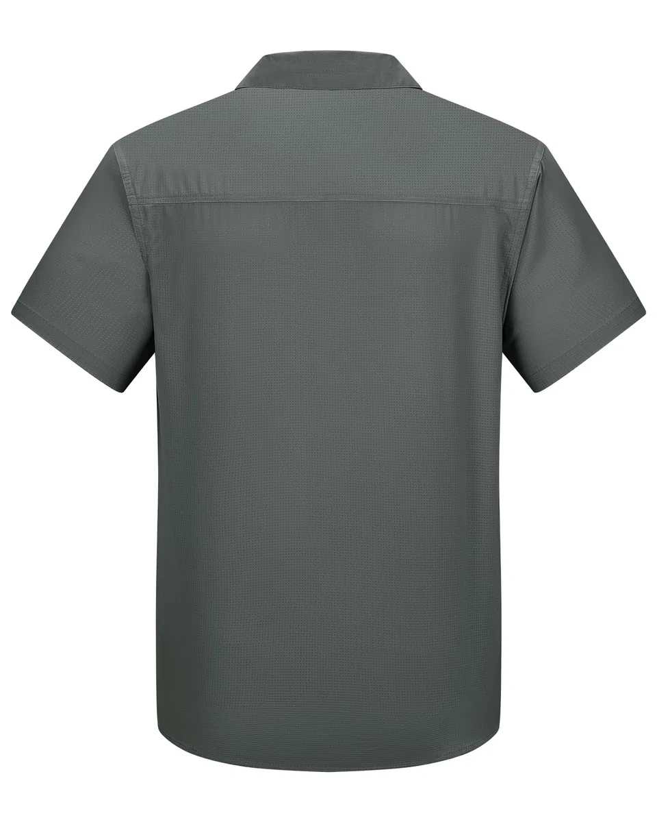 Outdoor Ventures Camisa de Pesca Ligera de Manga Corta para Hombre, UPF 50, con Botones, de Secado rápido, para Senderismo, Viajes, Safari, Gris Sombra, Small