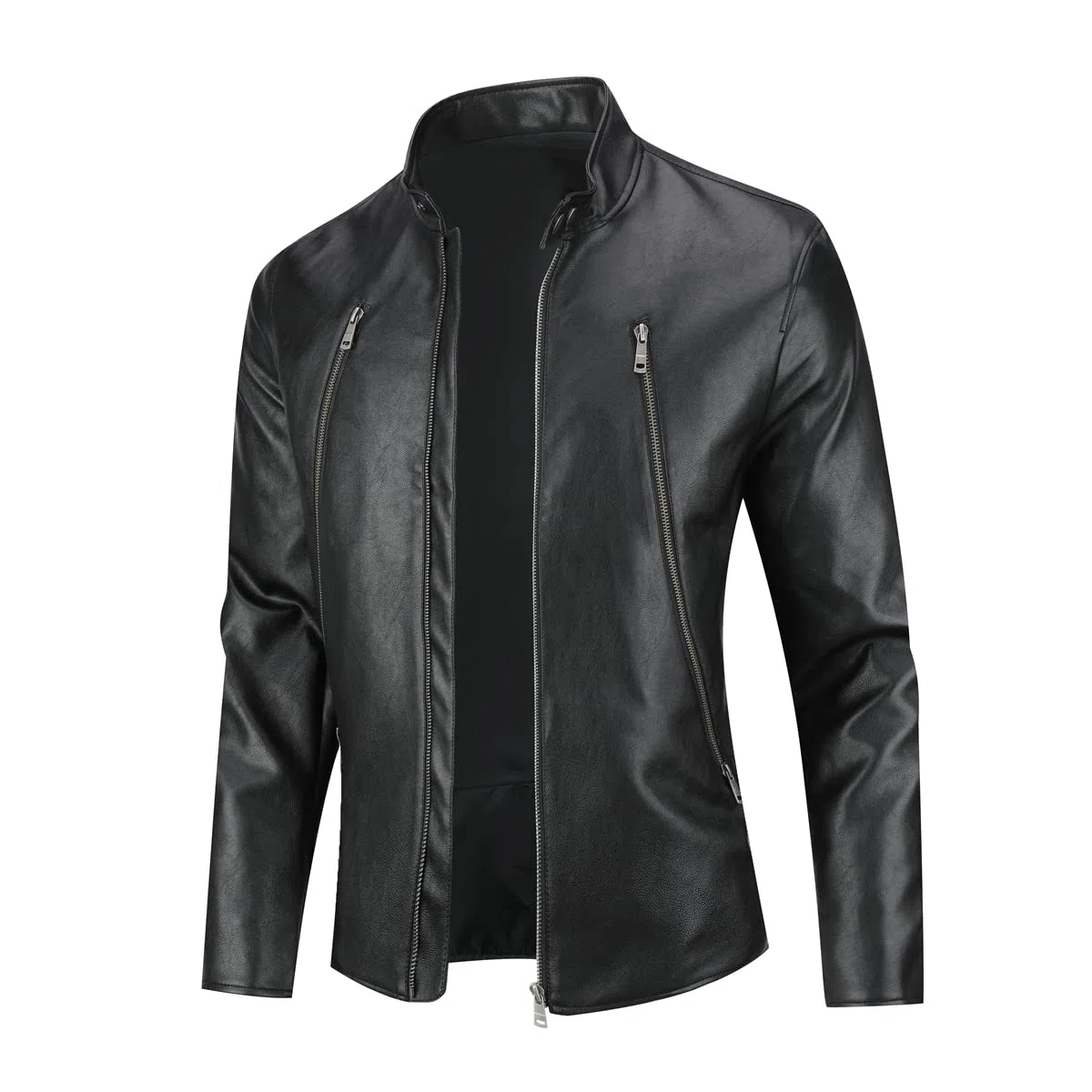 Sliktaa - Chaqueta de piel sintética ecológica de invierno con un cuello alto, de entretiempo, tipo motero, piloto, cremallera, informal, cuero, fresco, clásico, Negro D, XXL