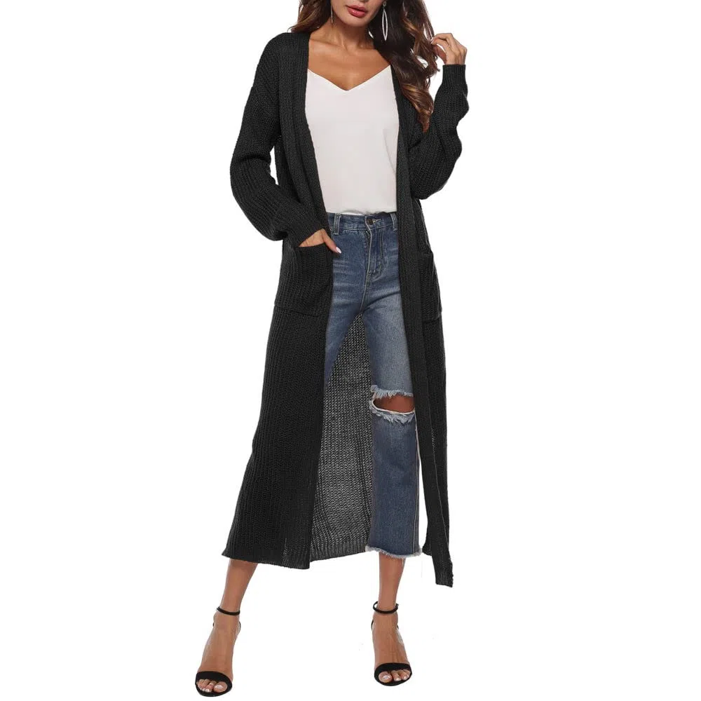 Cárdigans de Mujer Cárdigans de Punto para Mujer Abrigos Suéteres Largos Negros Lisos Cárdigan de Manga Larga con Frente Abierto Cárdigan de Punto Suave para Primavera Chaqueta para Uso Diario