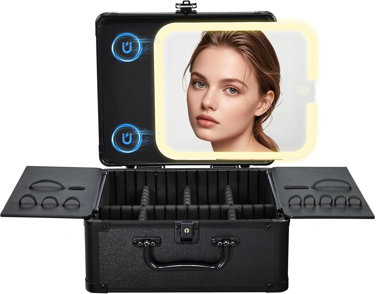 Maletin Maquillaje con LED Grande Maletín Organizador Maquillaje portátil de Cuero PU Estuche Maquillaje con Espejo extraíble Neceser Maquillaje con Soporte para brochas de Maquillaje, Negro