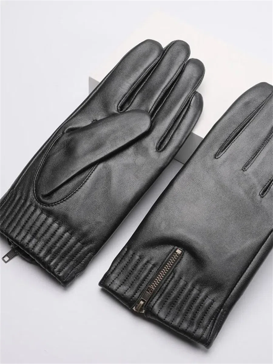 Guantes de piel de oveja auténtica para hombre, color negro, para pantalla táctil, forro polar, guantes de conducción cálidos para invierno