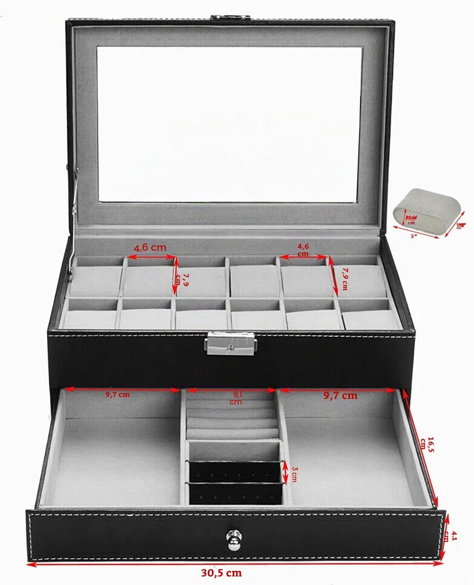 AUTOARK Caja para de relojes con 12 Compartimientos,Cajón joyería con cerradura,Cuero sintético,Tapa de Vidrio,Negro,AW-001