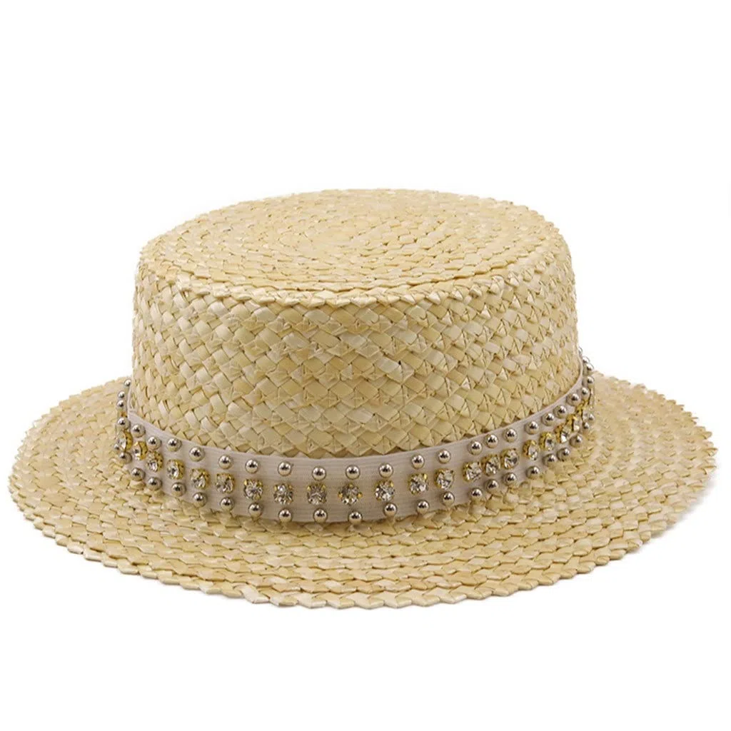 Sombrero de Playa de Paja para niña Hecho a Mano para Mujer Gorra de Vacaciones de Verano Sombreros de Visera de protección Solar Plana de Moda (Color : C, Size : 55-58CM) (A 6 3/4)