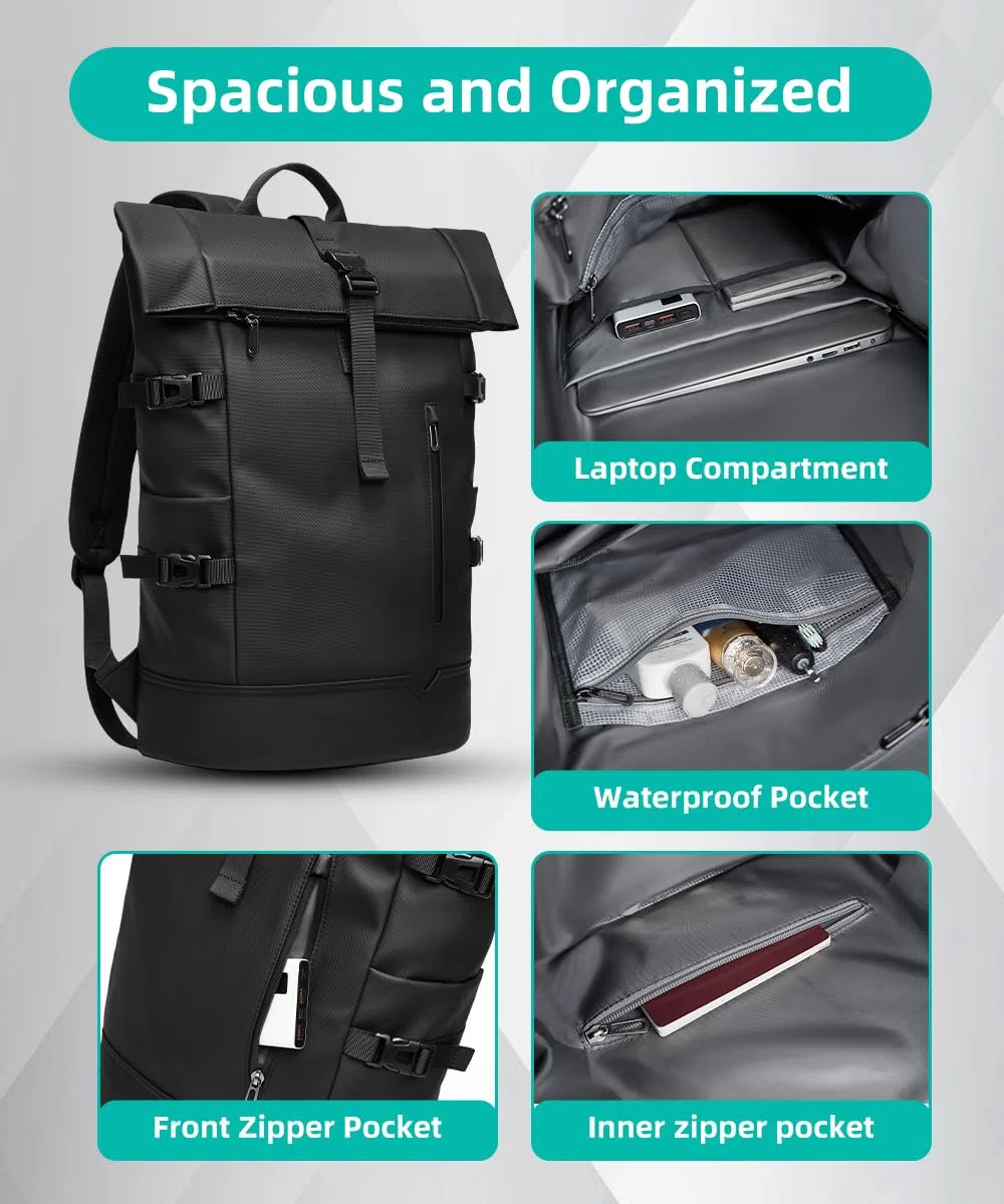 Mochila Enrollable Impermeable Mochila Ordenador Portatil 15 Pulgadas Antirrobo Mochila Hombre Casual para Viaje Ciclismo Escuela Deporte-Negro