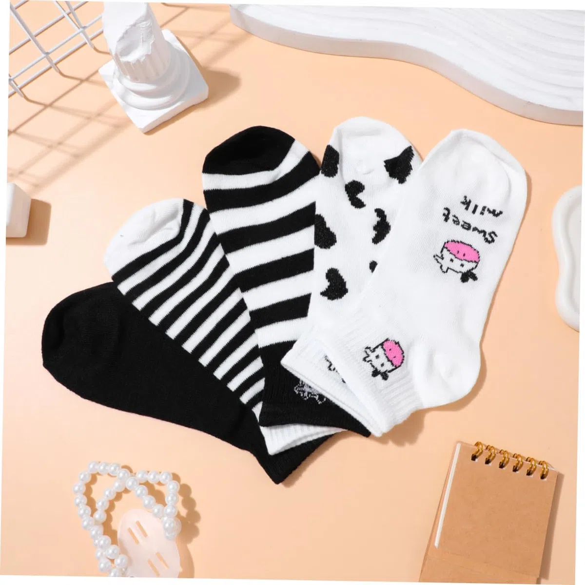 BESPORTBLE 5 pares Calcetines Cortos de Algodón para Mujer con Estampado de Vaca y Diseño Elástico y Transpirable para Adolescentes y Diario