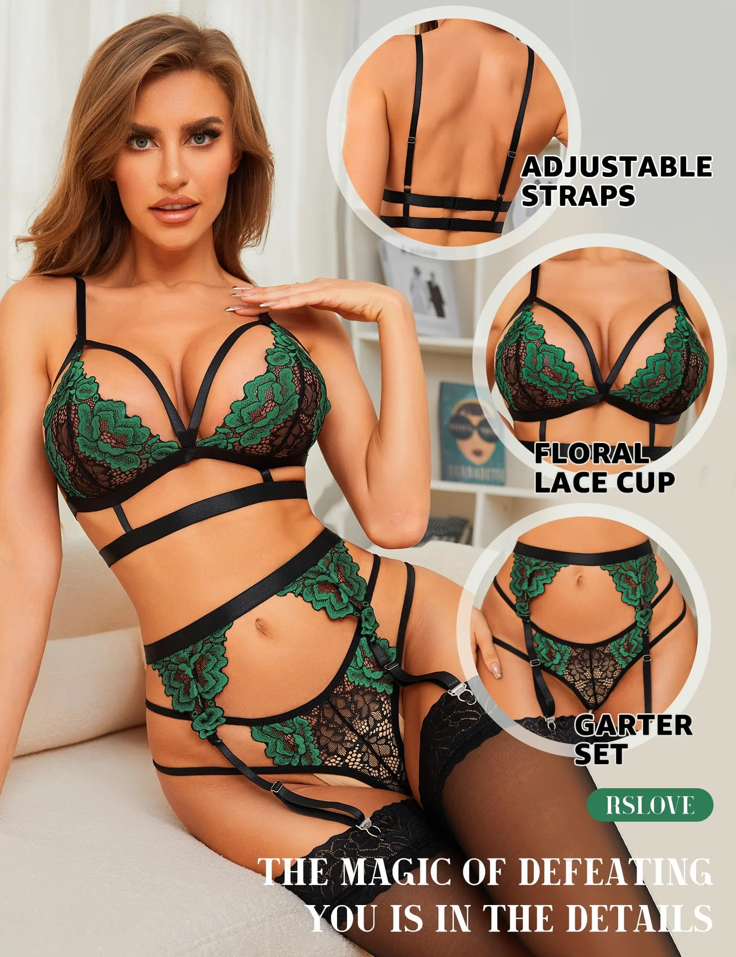 ZXLIHS Conjunto de lencería Sexy para Mujer con Sujetador y Bragas de Encaje Floral, 3 Piezas con Liguero