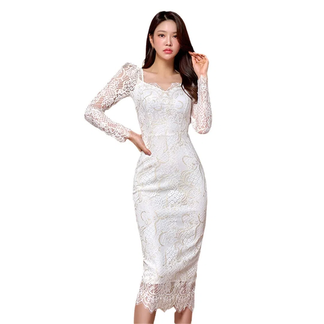 Dninmim Vestido de manga abombada con cuello en V para mujer, con encaje y cintura alta, para primavera, verano, falda de lápiz para fiesta