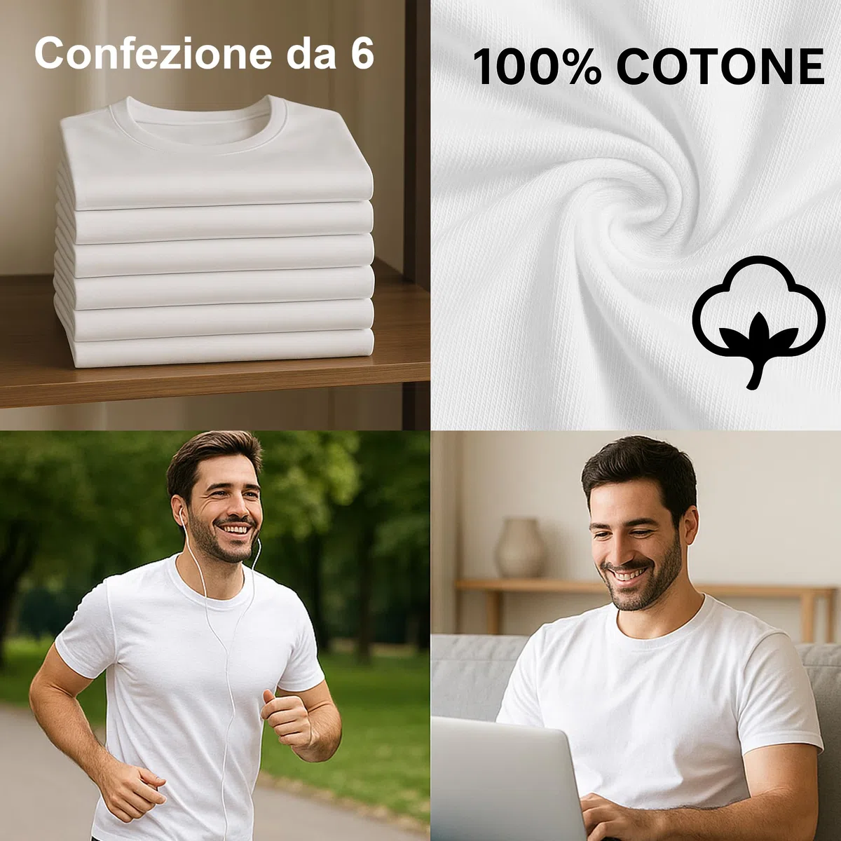 Leedya Pack de 6/3 camisetas de hombre blancas – Gris claro – Gris claro – Gris, Negro Juego de camisetas de manga corta 100% algodón – Cuello redondo clásico sin costuras laterales, no se deforma