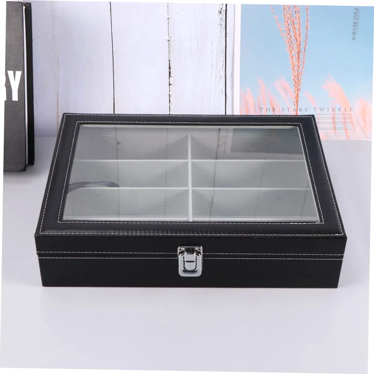 minkissy Estuche Organizador para Gafas De Sol con 8 Compartimentos, Interior De Tela Gris, Tapa De PU Negro con Textura De Punteado, Bandeja para Almacenamiento Seguro y Exhibición En Hogar y Tienda