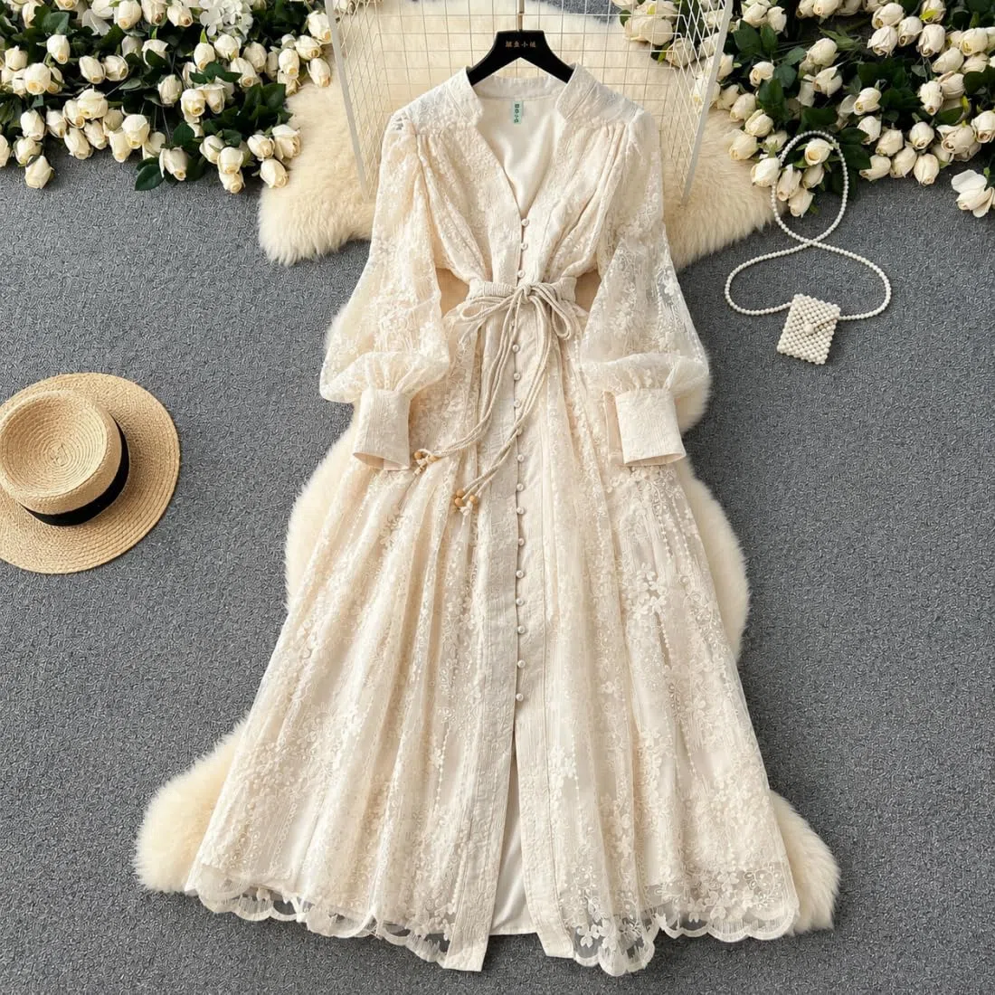 Vestido Largo de Mujer Escote en V Encaje Floral Bordado Vintage Mangas Farol Vestido Largo romántico Boho Mangas abullonadas línea A Fluido Vestido invitada Boda Fiesta