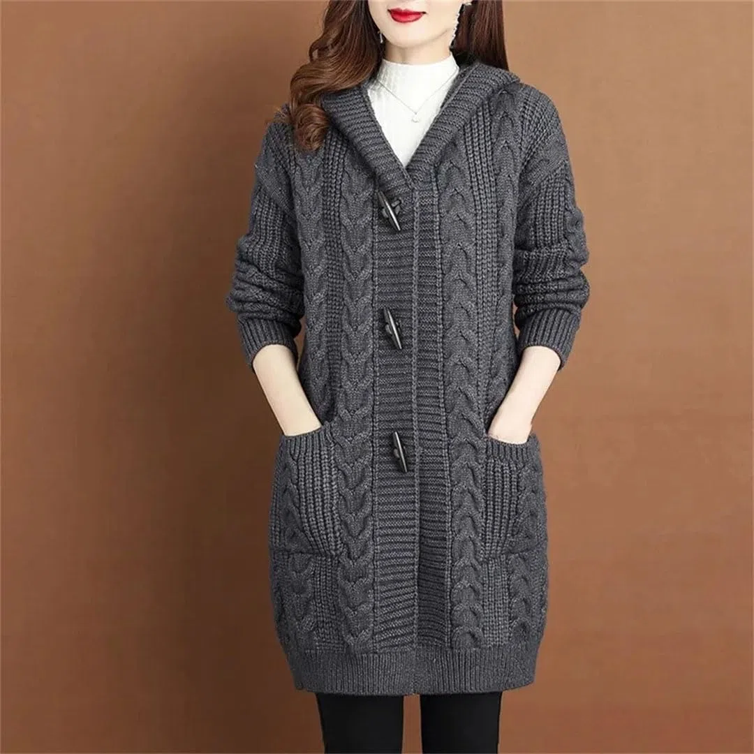 Cárdigan de otoño e invierno para mujer, suéter grueso, chaqueta de punto con capucha de tamaño grande
