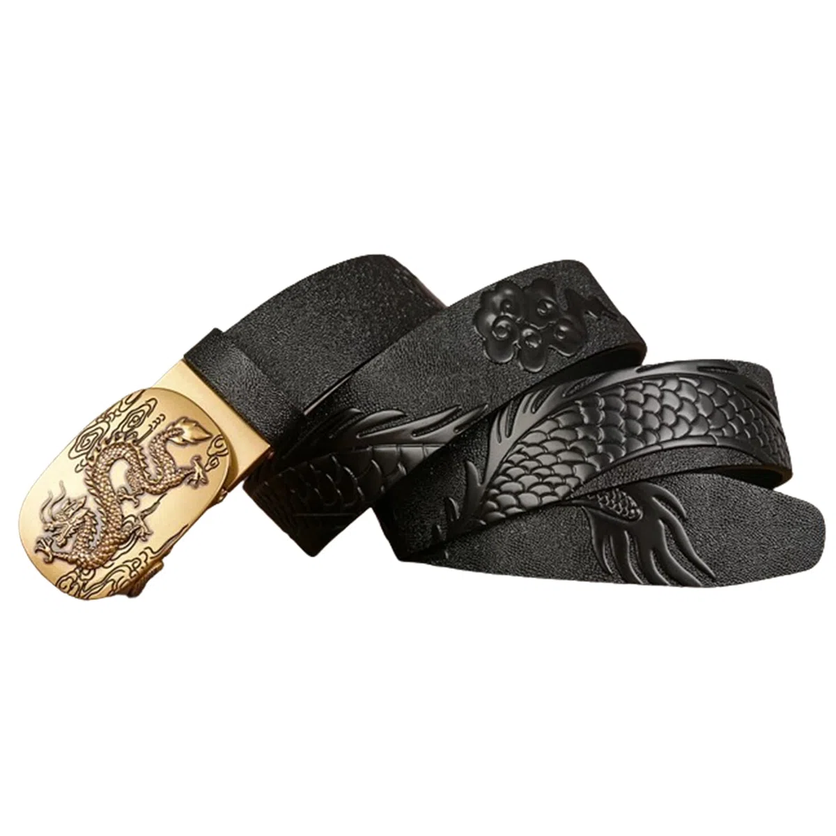 Cinturón De Trinquete para Hombre Hebilla Automática Deslizante Dragon Cinturones De Dragón Tallado En Relieve Longitud 110-130cm Correas De Cuero De Vaca(130cm/51, Black)
