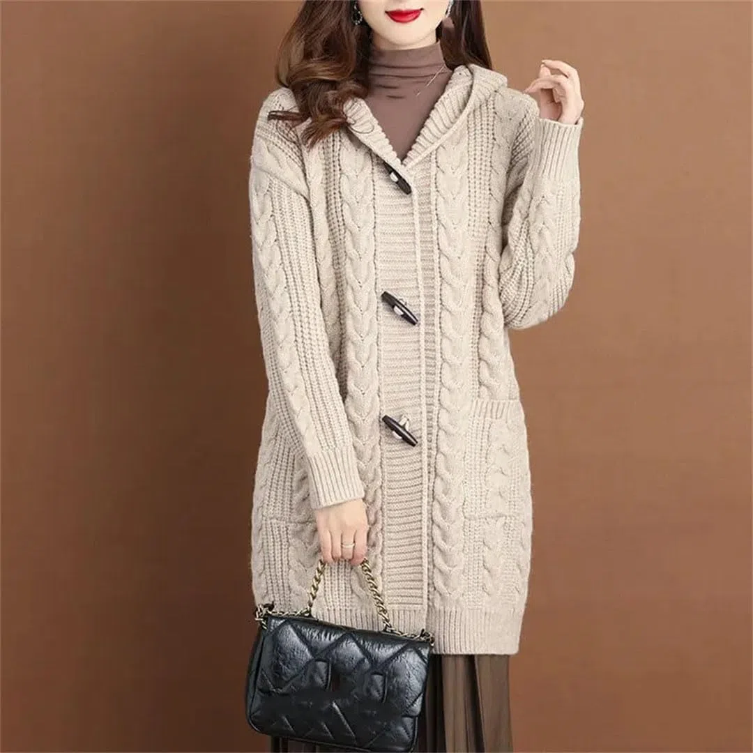 Cárdigan de otoño e invierno para mujer, suéter grueso, chaqueta de punto con capucha de tamaño grande