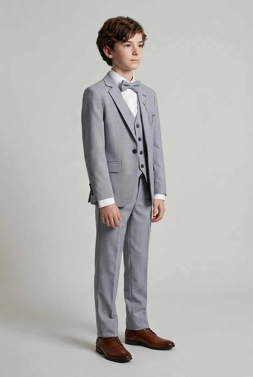 Traje Formal Texturizado de 6 Piezas para niños, Corte Ajustado, para pajes, Bodas, comuniones Autocomprobación Gris, Tamaño 9 Años