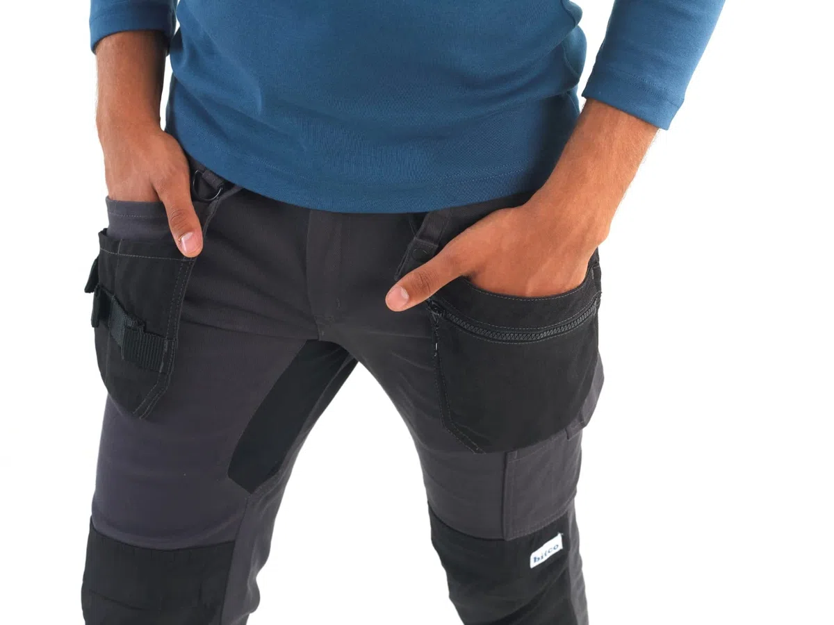 Bitco - Sauer - Pantalones de Trabajo Negros elásticos para Hombre, con Bolsillos Acolchados Impermeables y oleófobos Reforzados con Cordura®