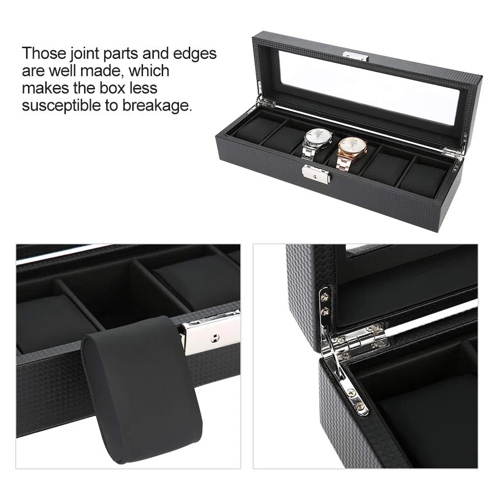 Caja de reloj, 6 rejillas PU Soporte de reloj de cuero de fibra de carbono Caja de exhibición de Estuche para Relojes con Tapa de Cristal Cuero Sintético y Forro Negro