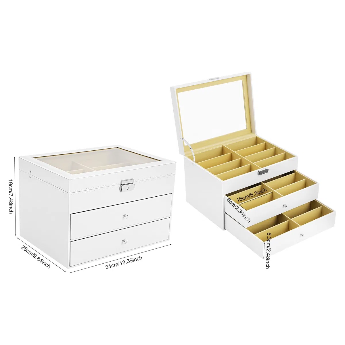 Caja para gafas, joyero, caja de gafas de 3 niveles con 24 cajones y tapa de cristal, organizador de joyas, joyero para pendientes, anillos, relojes